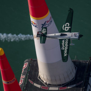 Pete McLeod of Canada performs during a training session at the first round of the Red Bull Air Race World Championship at Abu Dhabi, United Arab Emirates on February 7, 2019.
